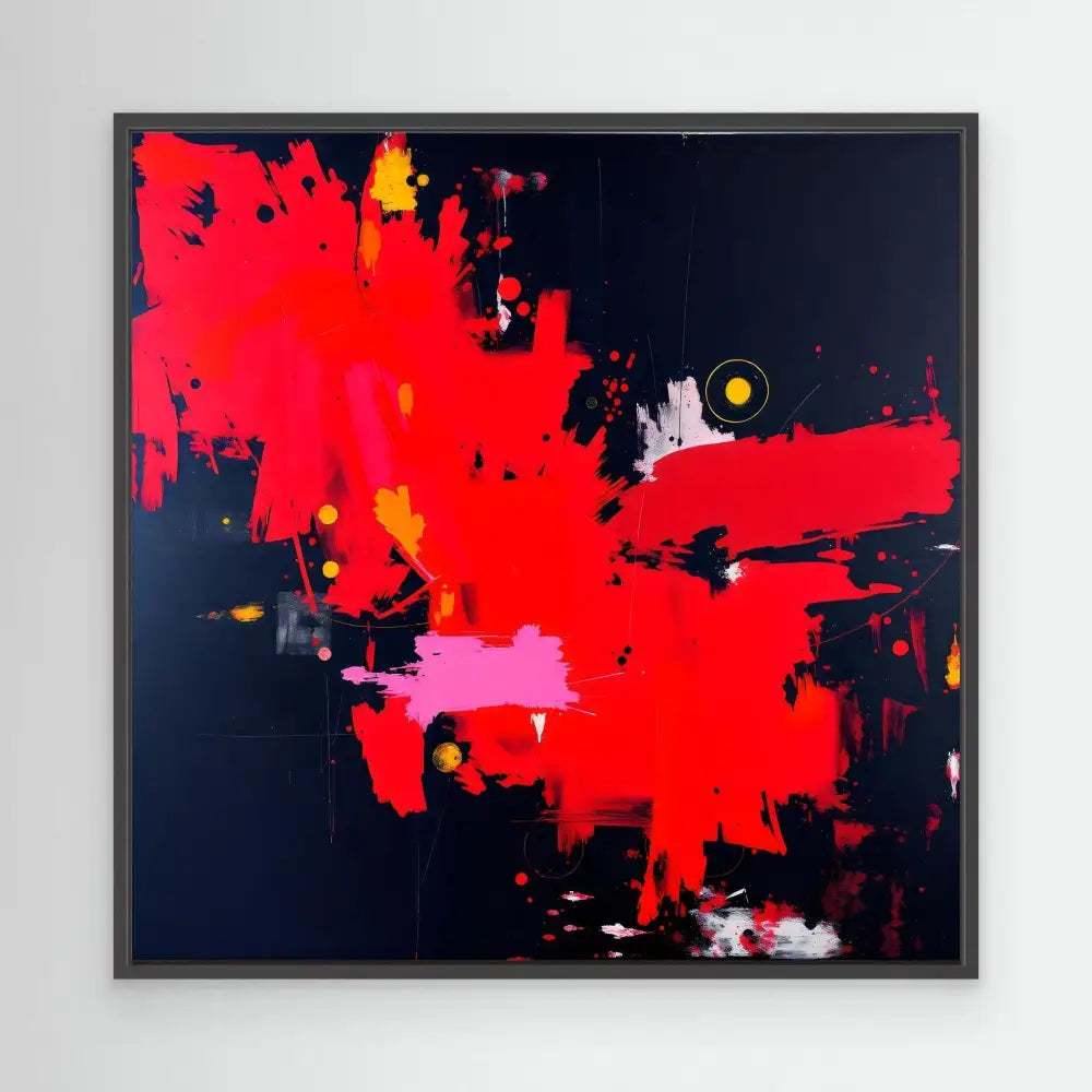 Abstract painting featuring bold red splashes and marks against a dark background.