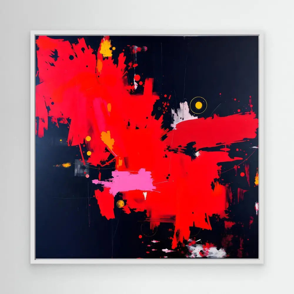 Abstract painting featuring bold red splashes and marks against a dark background.