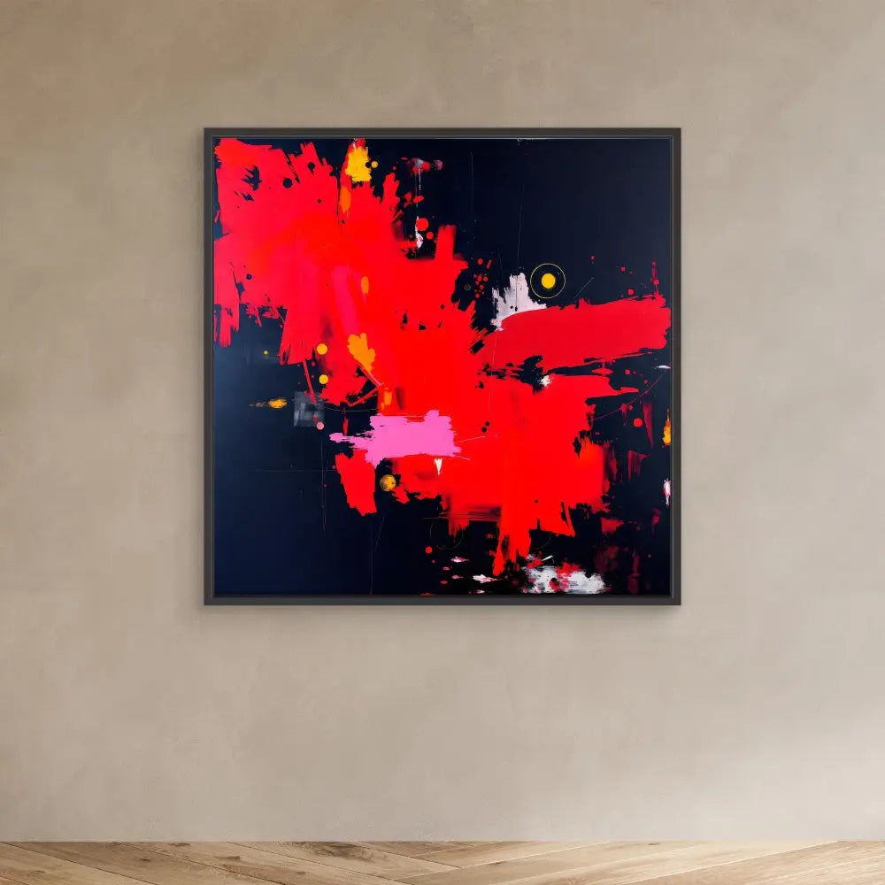 Abstract painting featuring bold red splashes and marks against a black background.