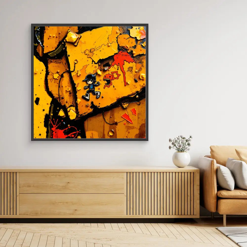 Abstract painting featuring bold yellow and black splatter patterns with red accents in a dark frame.