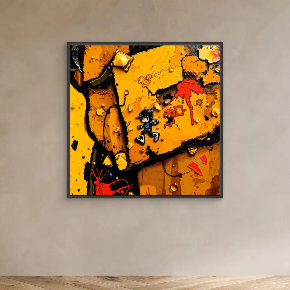 Abstract painting featuring bold yellow and red colors with black accents in a fragmented, textural style.