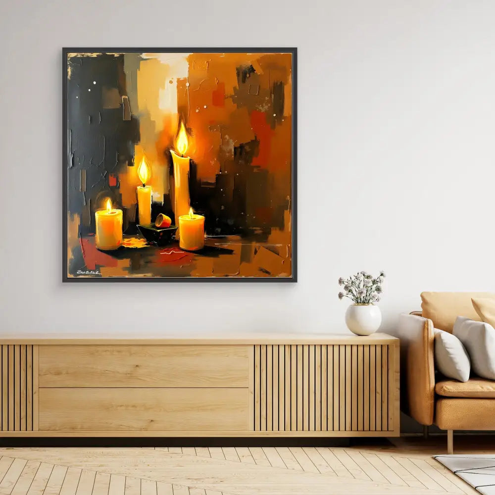 Abstract painting of glowing candles against a dark and orange background.