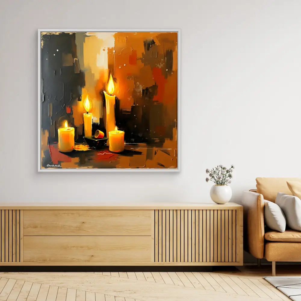 Abstract painting of glowing candles against a dark and orange background.