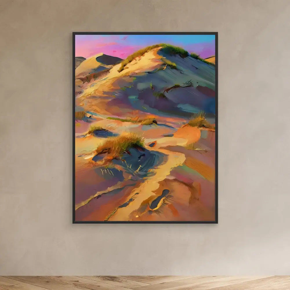 Abstract painting of colorful desert dunes with swirling patterns.