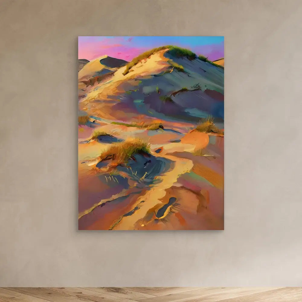 Abstract painting of colorful desert sand dunes with flowing curves and shadows.