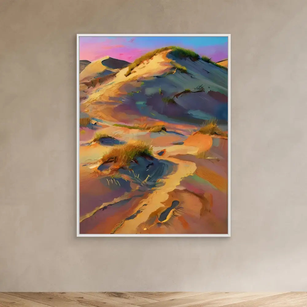 Abstract painting of colorful desert sand dunes with flowing curves and shadows.