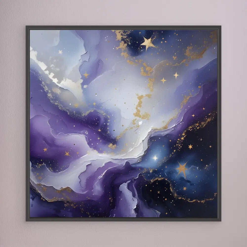 Abstract painting of a cosmic nebula with swirling purple clouds and golden stars.