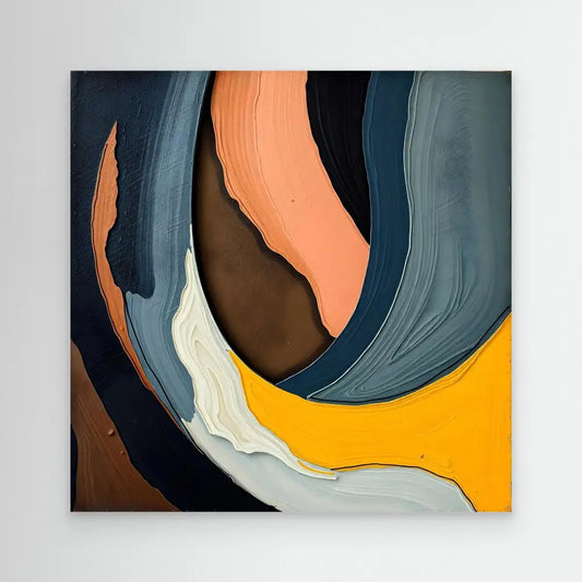 Abstract painting featuring curved bands of orange, brown, navy blue, white and yellow colors flowing together.