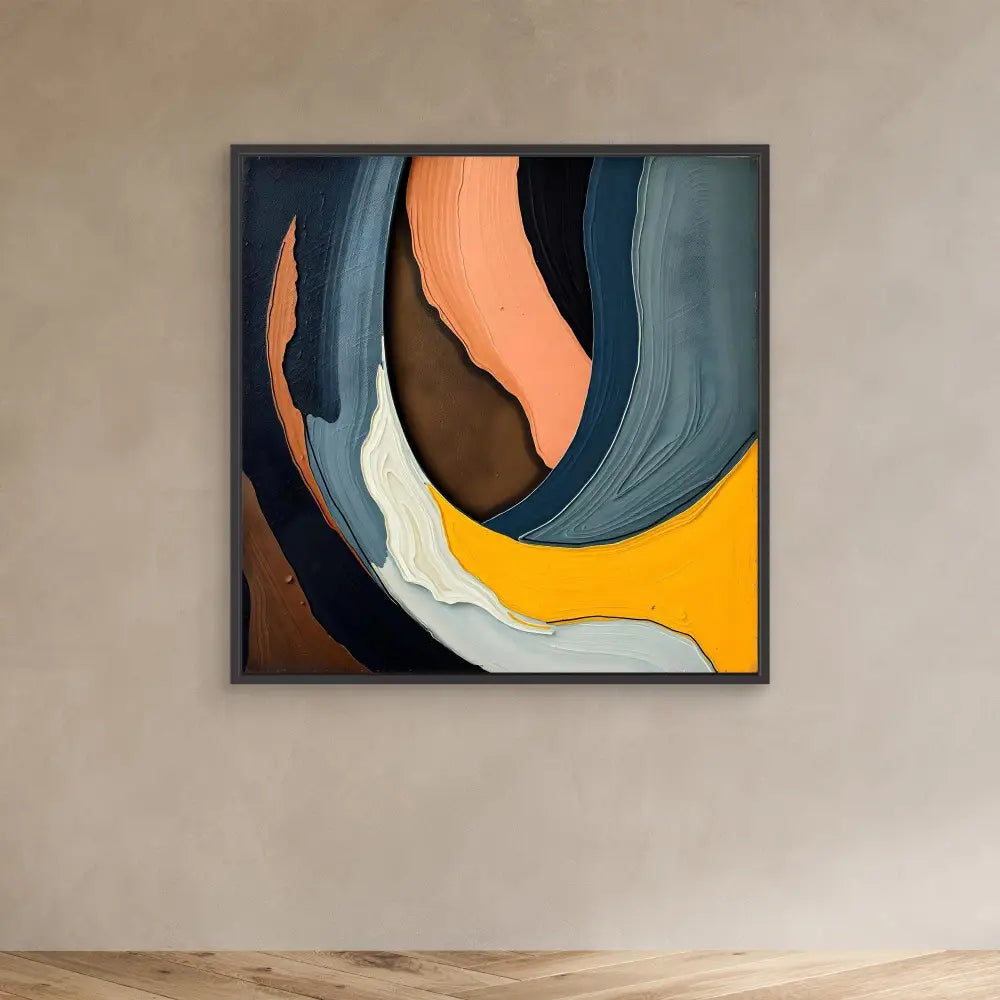 Abstract painting featuring curved waves of blue, peach, yellow, brown and white colors in a square frame.