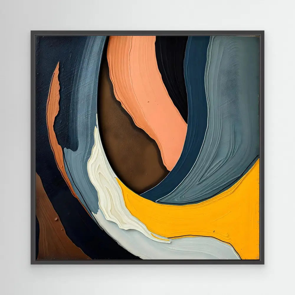 Abstract painting featuring curved waves of navy blue, peach, brown, cream and yellow colors.