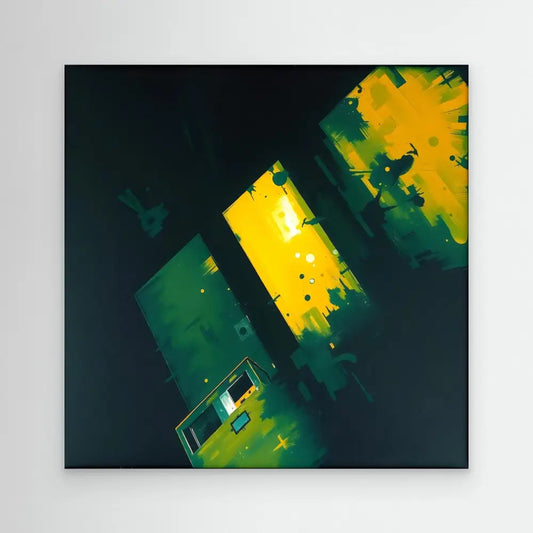 Abstract painting featuring diagonal yellow and green geometric shapes with a dark backdrop.