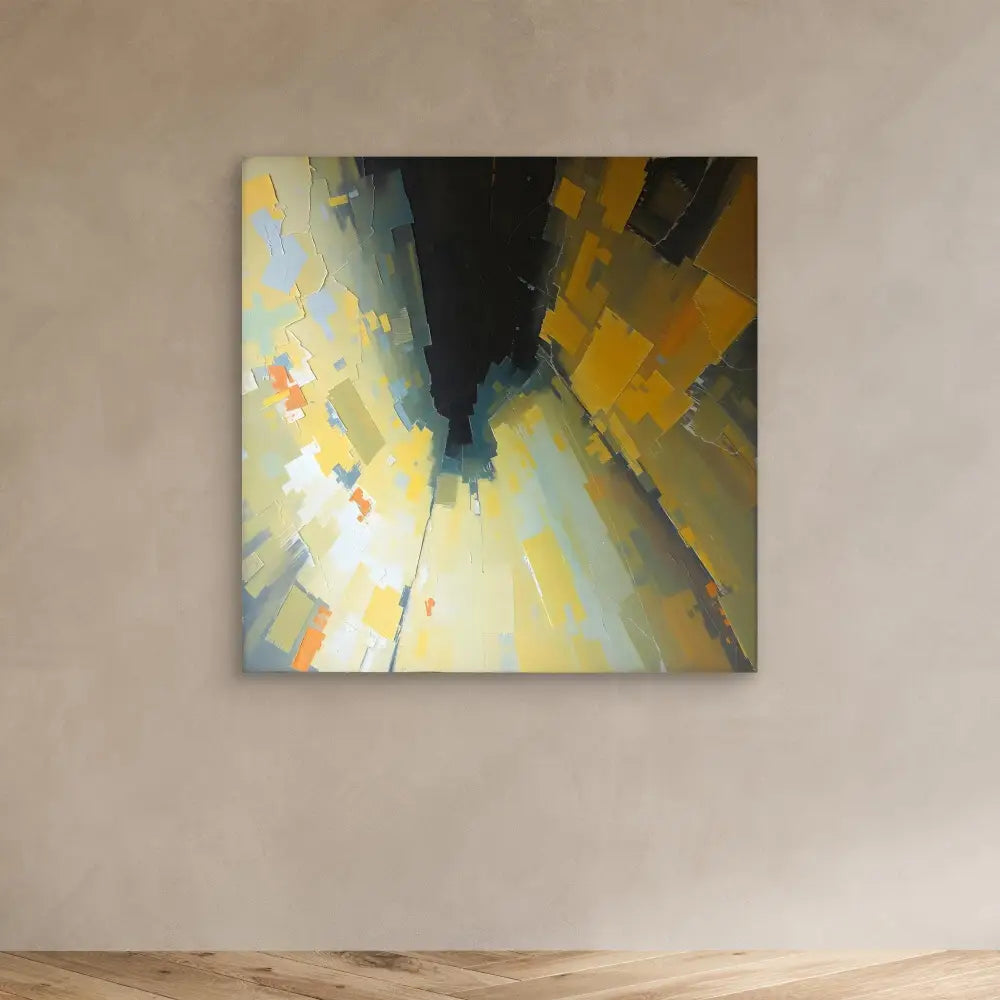 Abstract painting featuring dramatic angular brushstrokes in yellow, black, and pale blue tones.