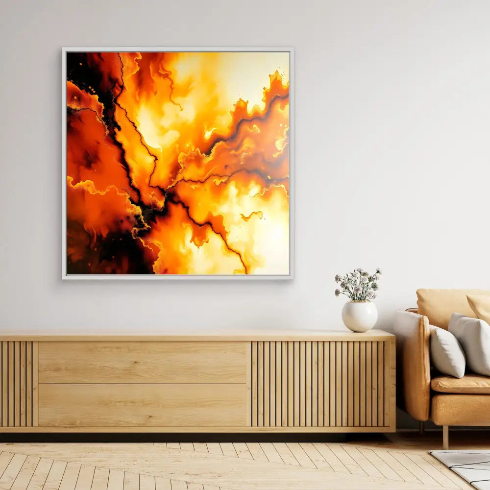 Abstract painting featuring dramatic orange and black swirling patterns resembling flames or lightning.