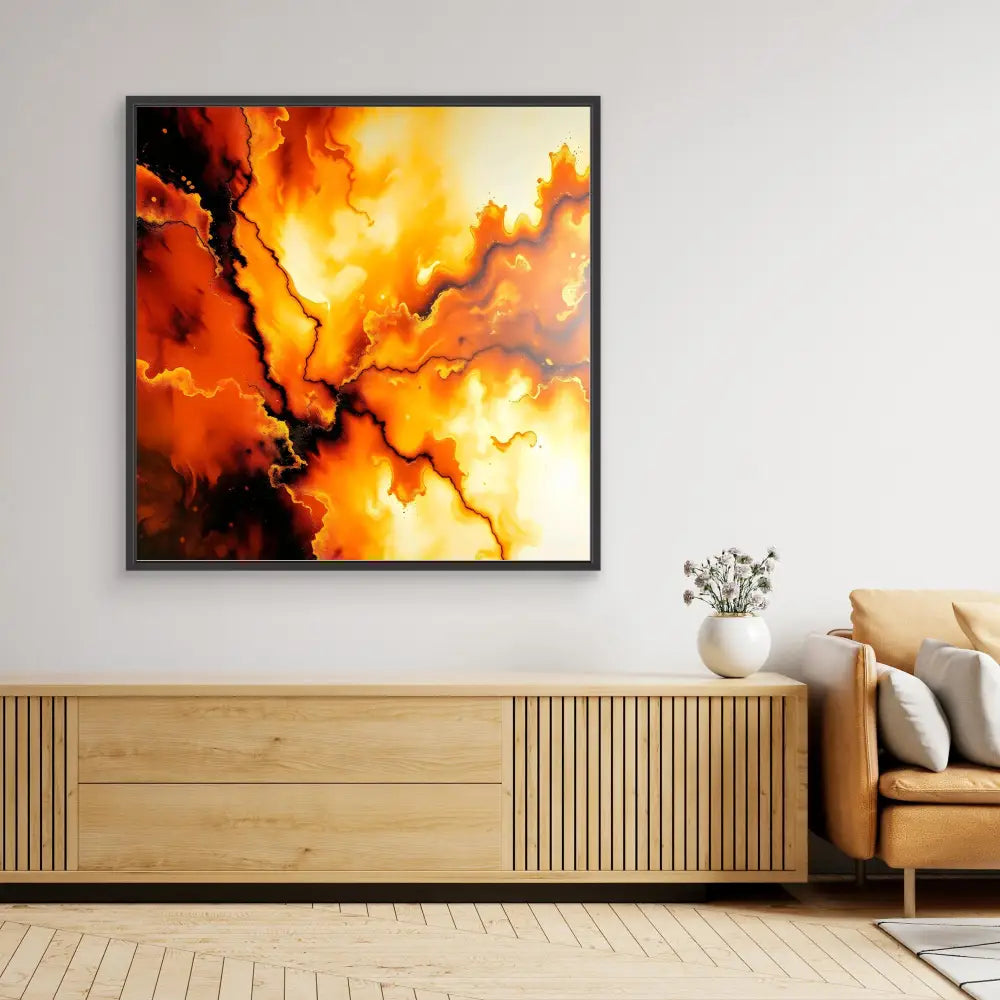 Abstract painting featuring dramatic orange and black swirls resembling flames or lightning against a golden background.