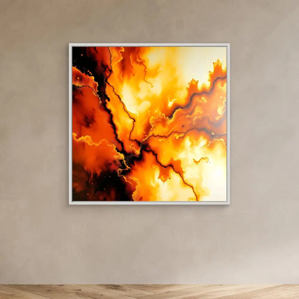 Abstract painting featuring dramatic orange and black fluid patterns resembling flames or lava flows.