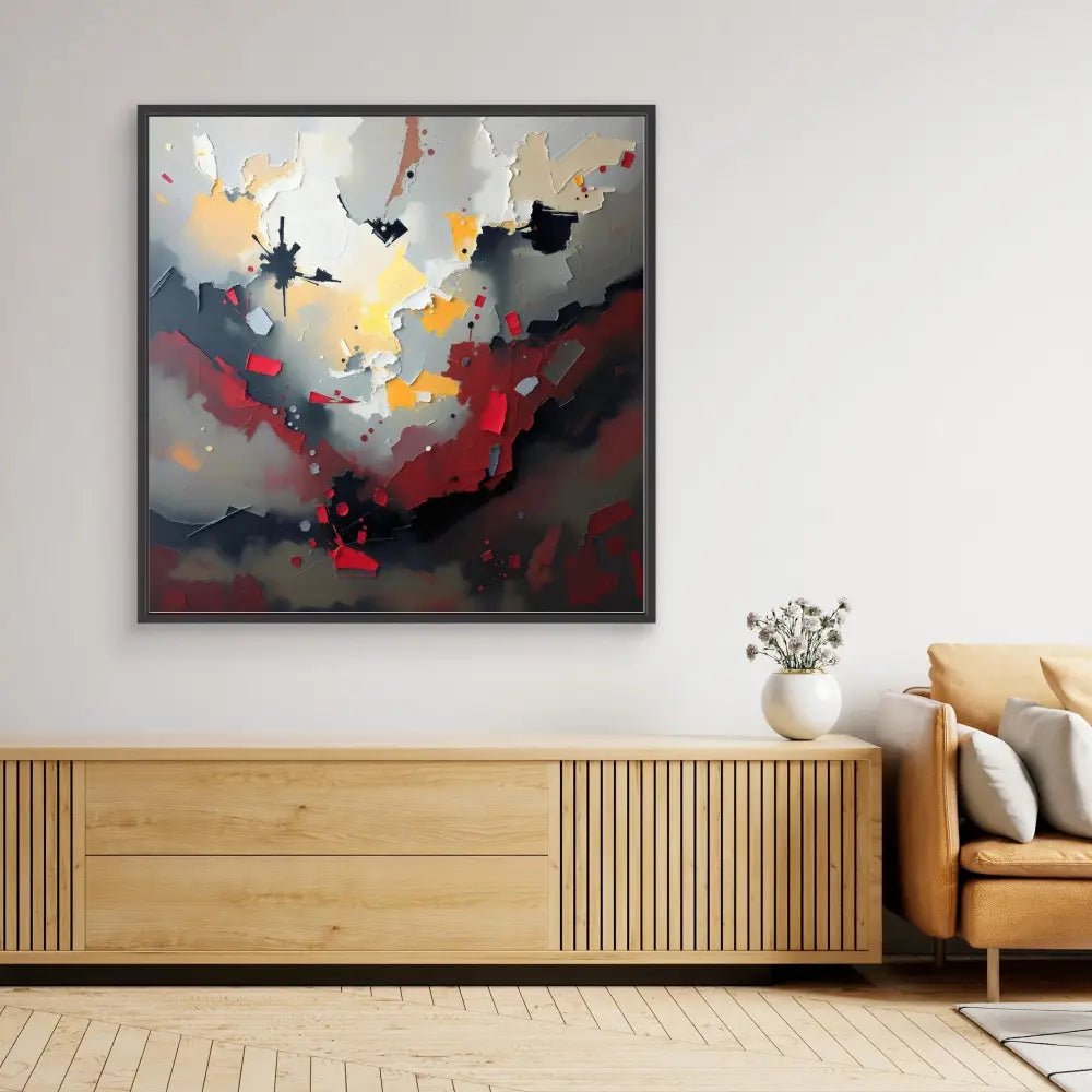 Abstract painting featuring dramatic red, black, and gold colors in an explosive cloud-like pattern.