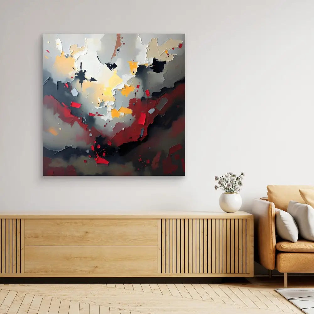 Abstract painting featuring dramatic red, black, and gold colors in a stormy, atmospheric composition.