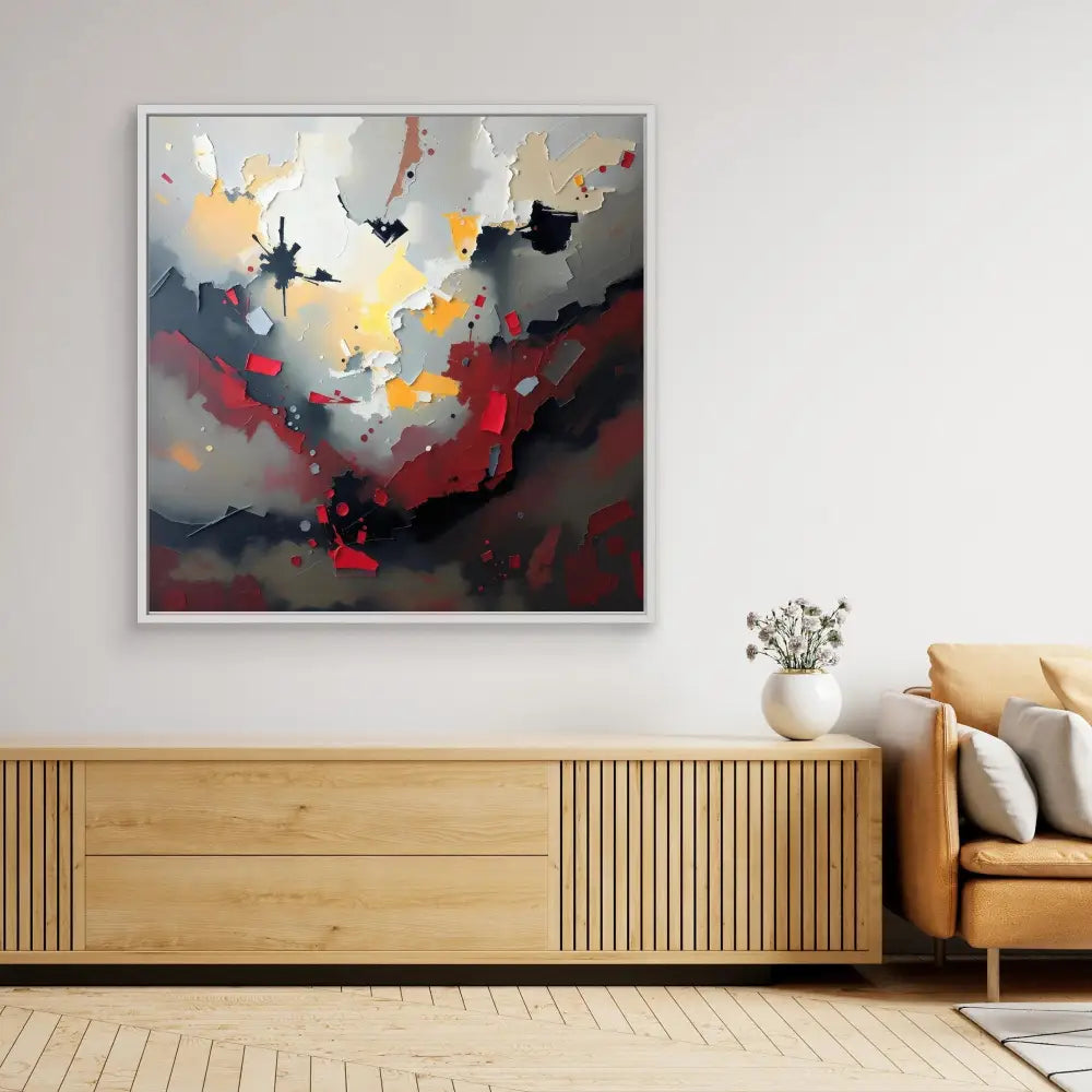 Abstract painting featuring dramatic red, black, and golden colors in a stormy, atmospheric composition.