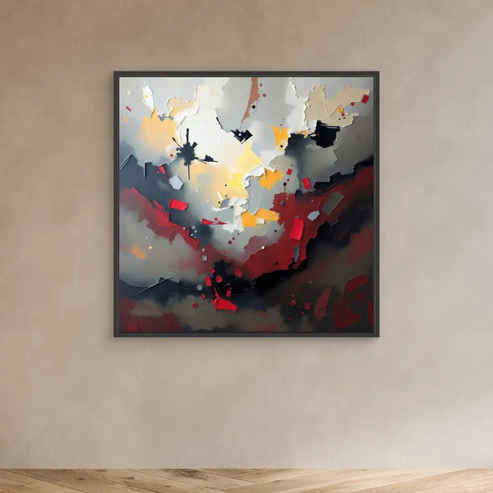 Abstract painting featuring dramatic red, black, and yellow brushstrokes against a stormy gray backdrop.