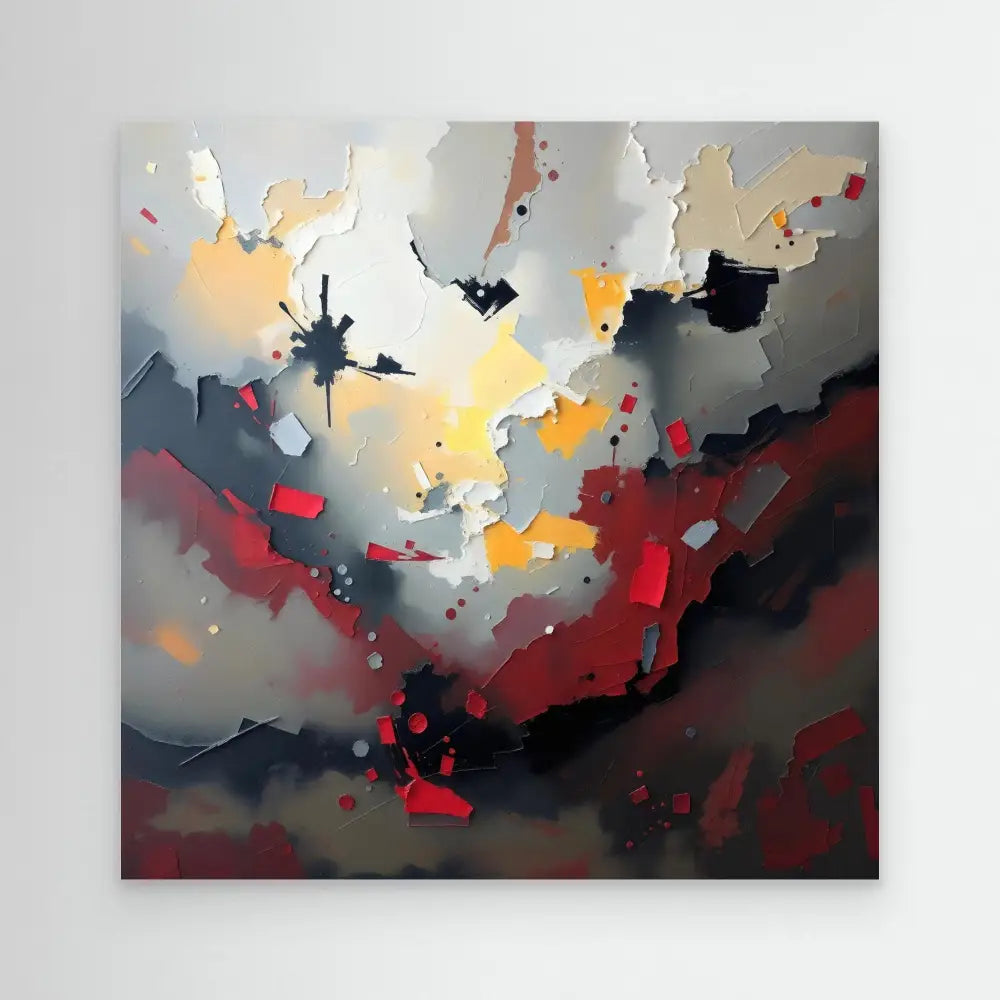 Abstract painting featuring dramatic splashes of red, black, yellow and gray in a turbulent composition.