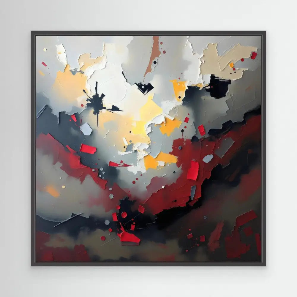 Abstract painting featuring dramatic splashes of red, black, white and yellow in a turbulent composition.