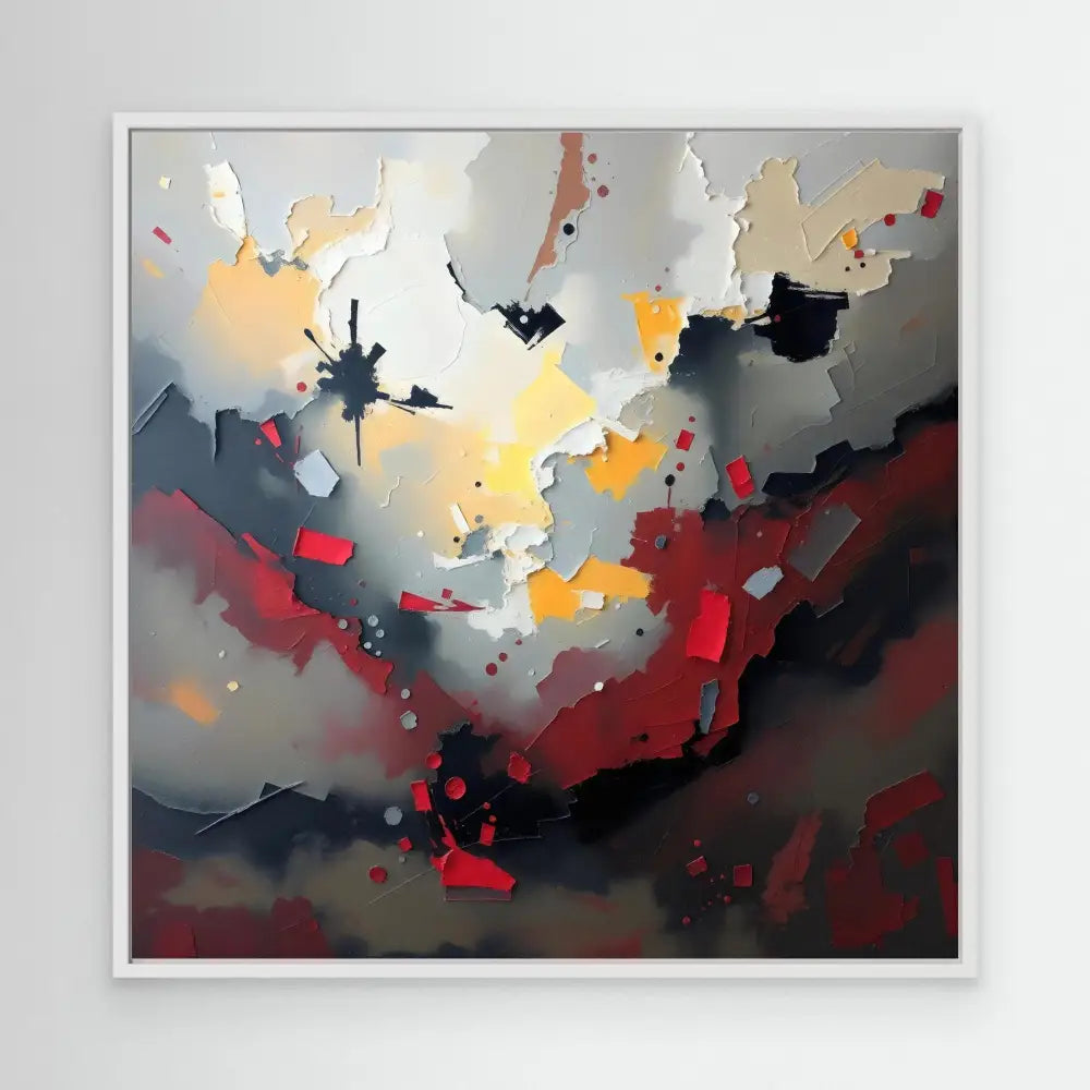 Abstract painting featuring dramatic splashes of red, black, orange and gray colors in an explosive composition.