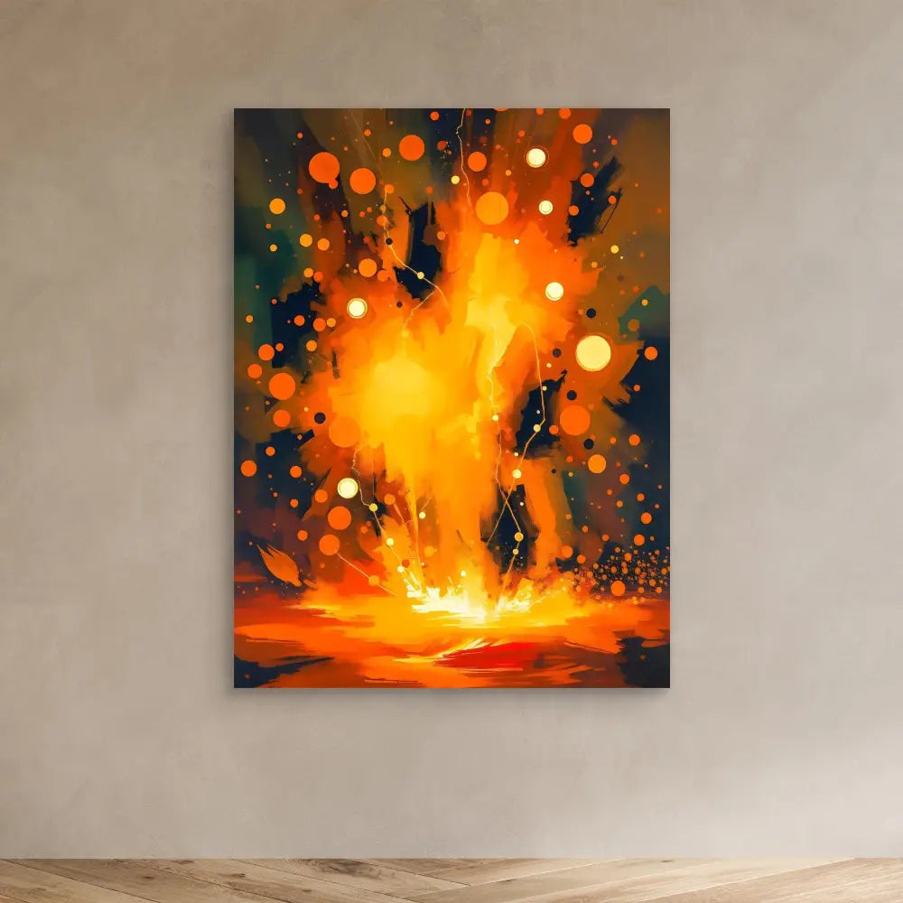 Abstract painting of an explosive burst of orange and yellow light with scattered glowing orbs.