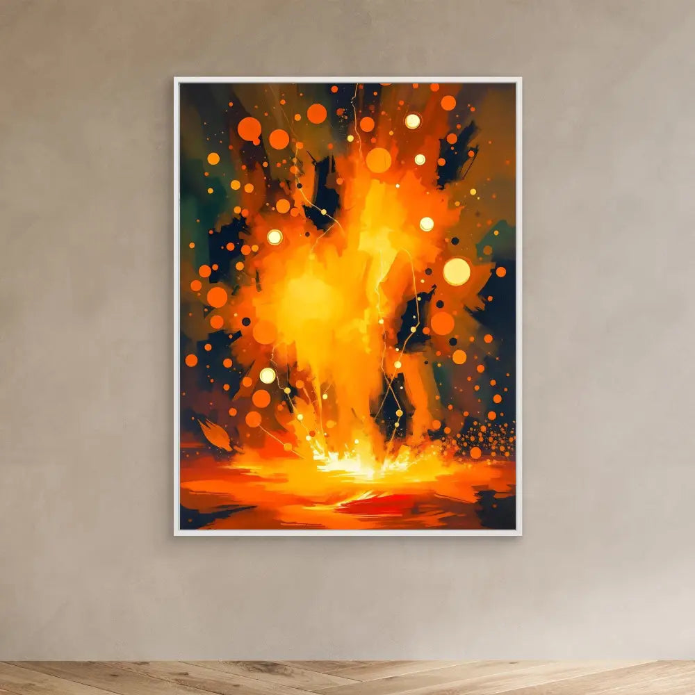 Abstract painting of an explosive burst of orange and yellow light with scattered glowing particles.