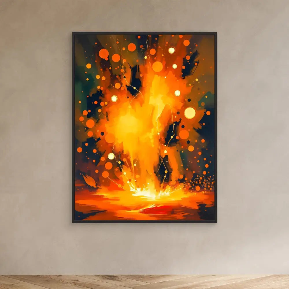 Abstract painting depicting an explosive burst of orange and yellow light with scattered glowing particles.