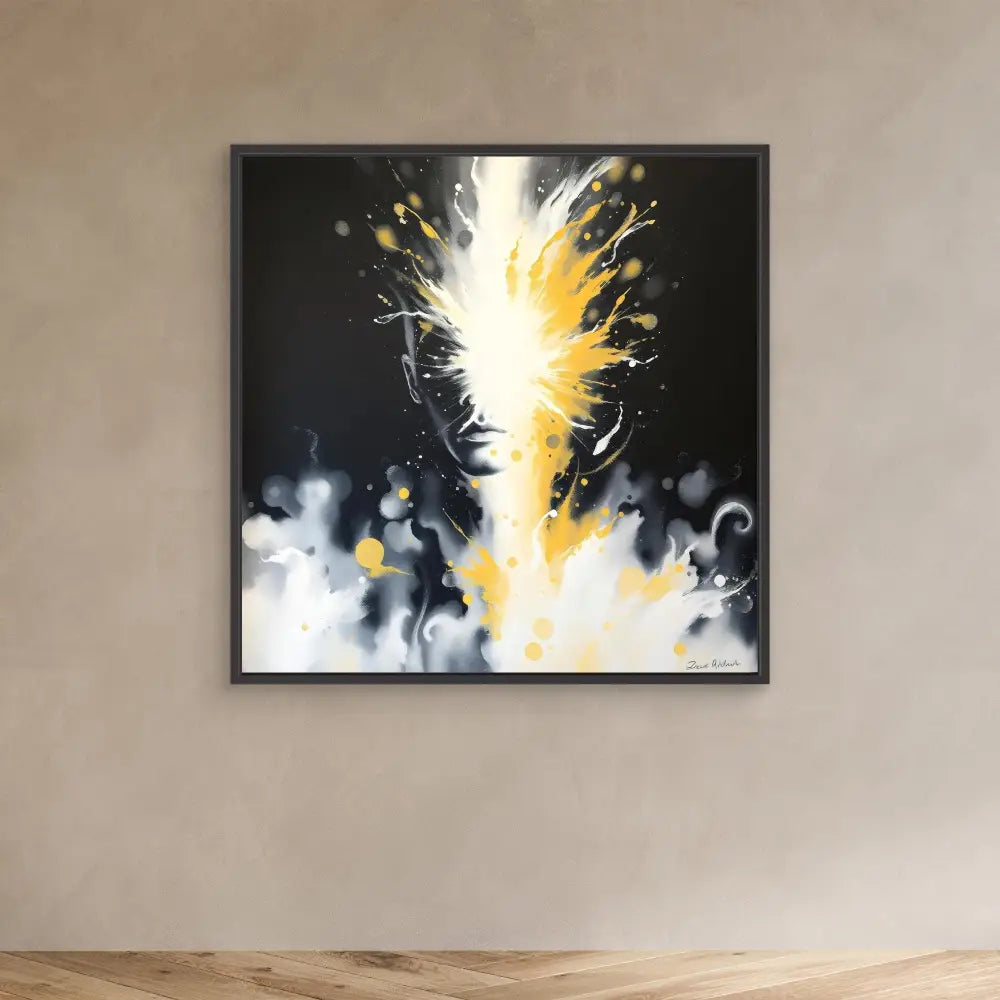 Abstract painting featuring an explosive burst of white and yellow light emerging from dark smoke.