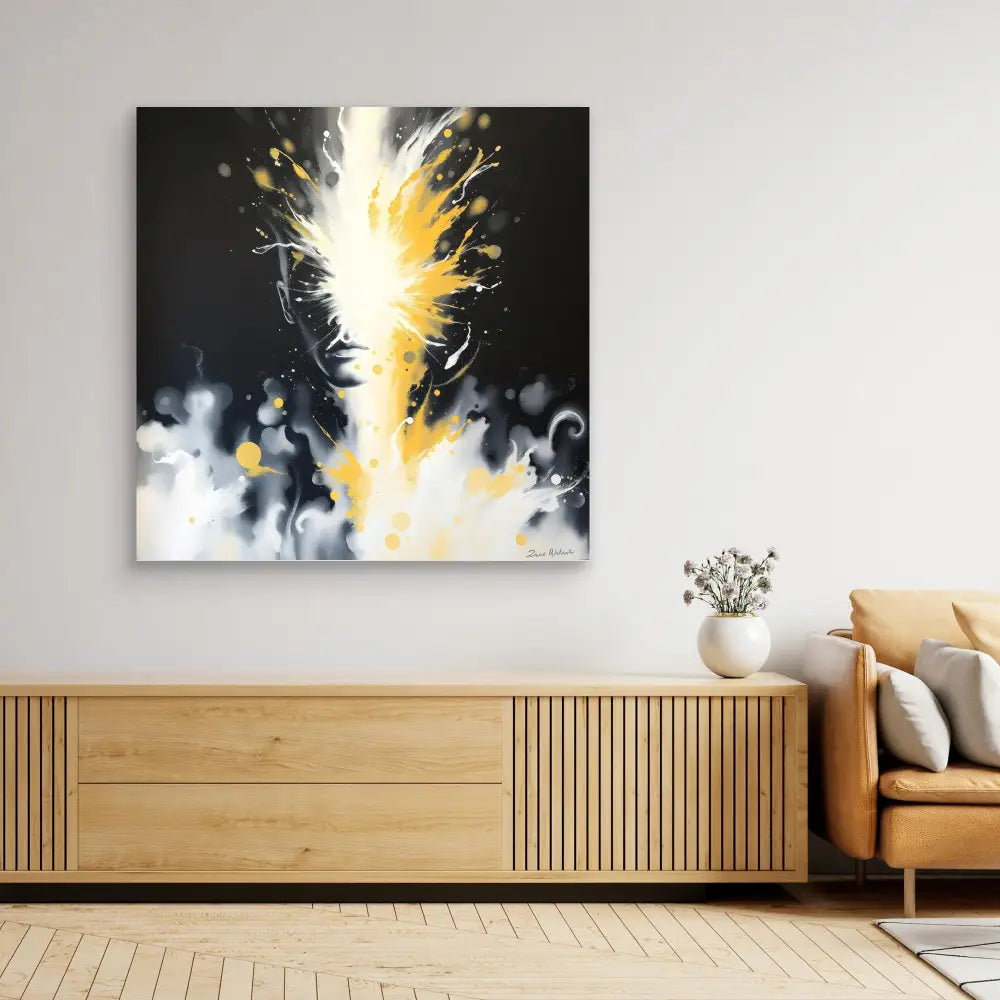 Abstract painting featuring an explosive burst of yellow and white against a dark background.