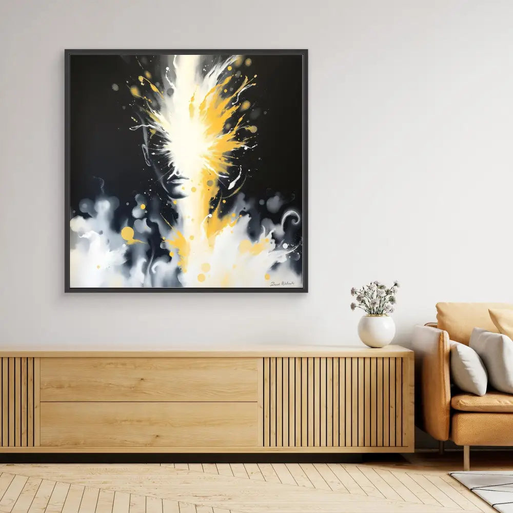 Abstract painting featuring an explosive burst of yellow and white against a dark background.