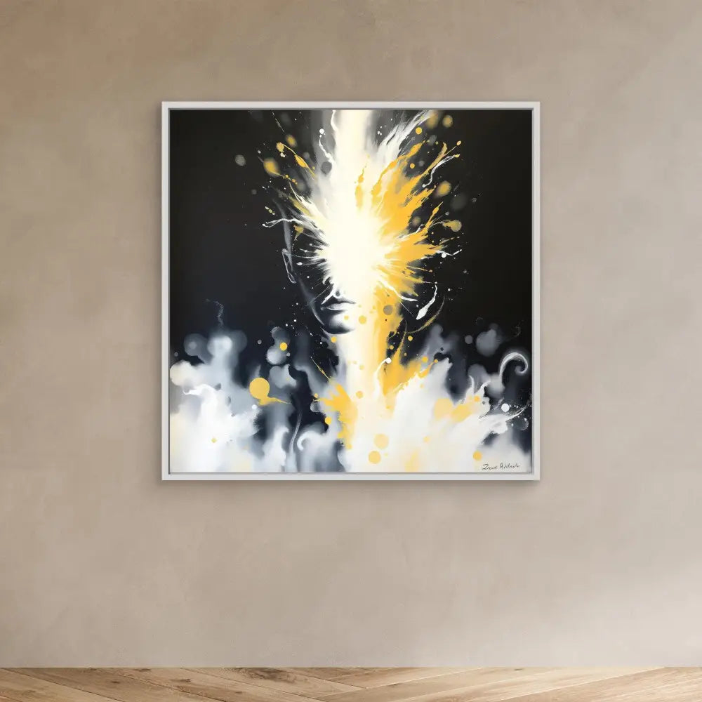 Abstract painting featuring an explosive burst of yellow and white light against a dark background.