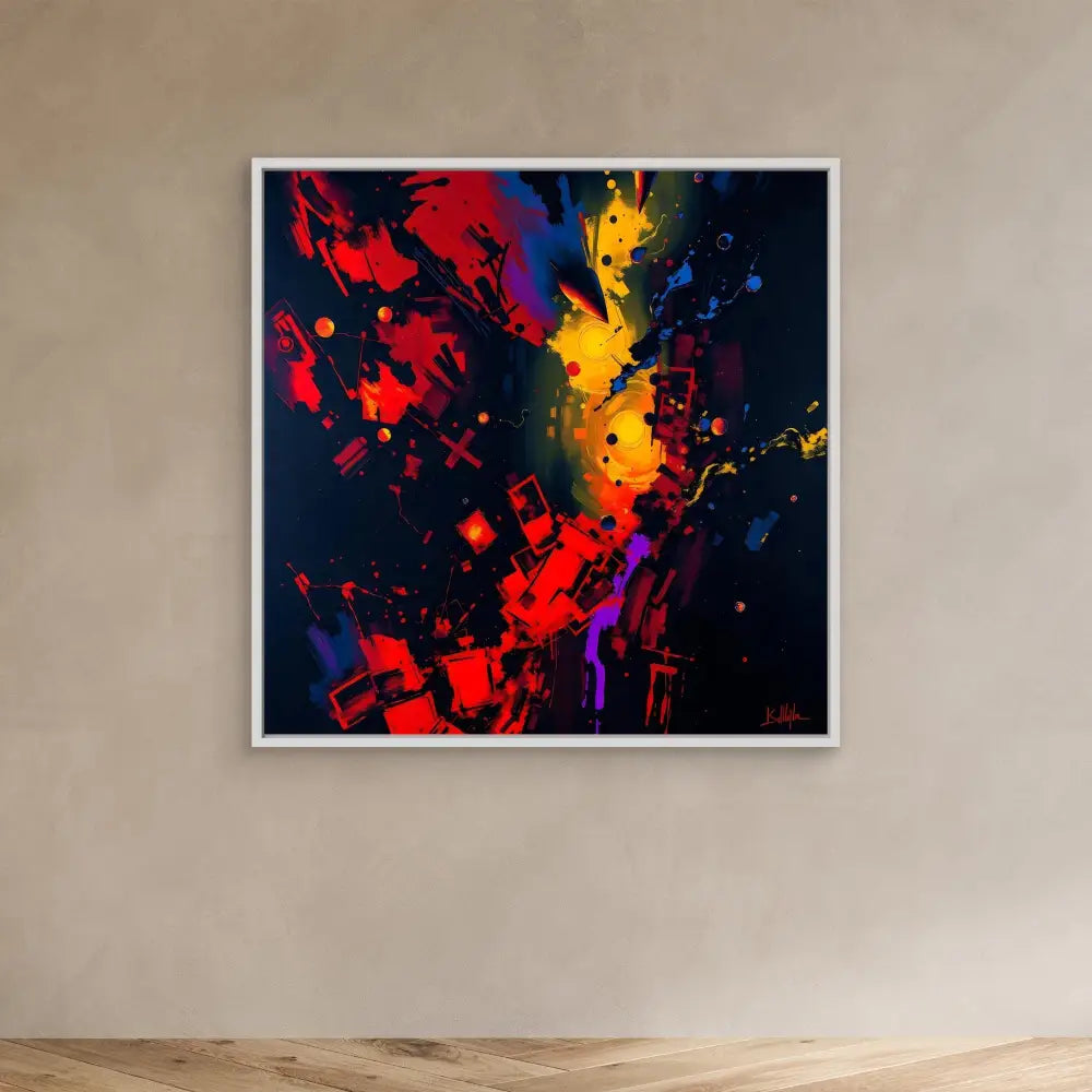 Abstract painting featuring explosive splashes of red, yellow, and purple against a dark background.