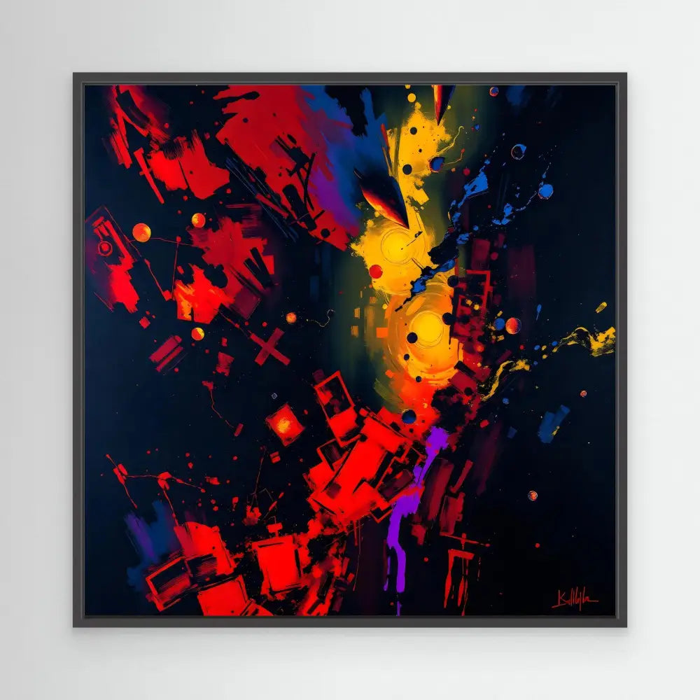 Abstract painting featuring explosive splashes of red, yellow, blue and purple paint against a dark background.