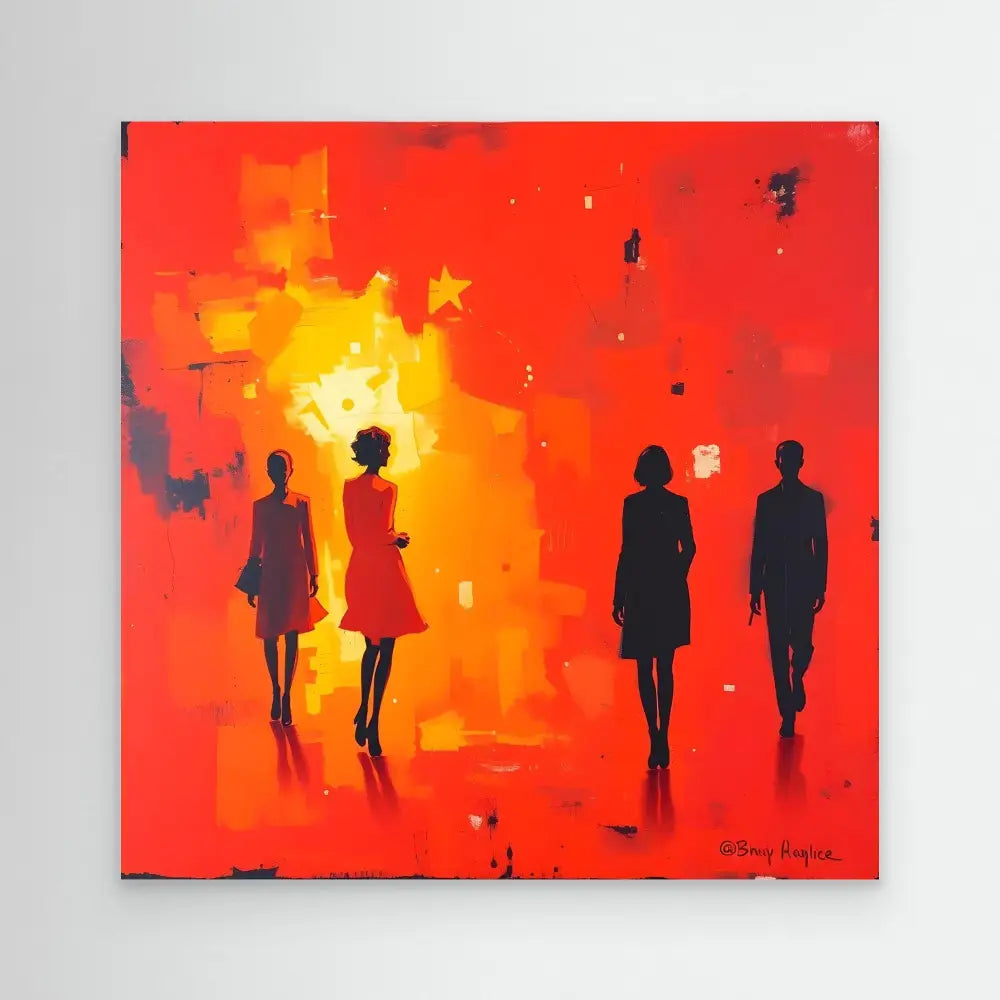 Abstract painting of four silhouetted figures against a vibrant red-orange backdrop.