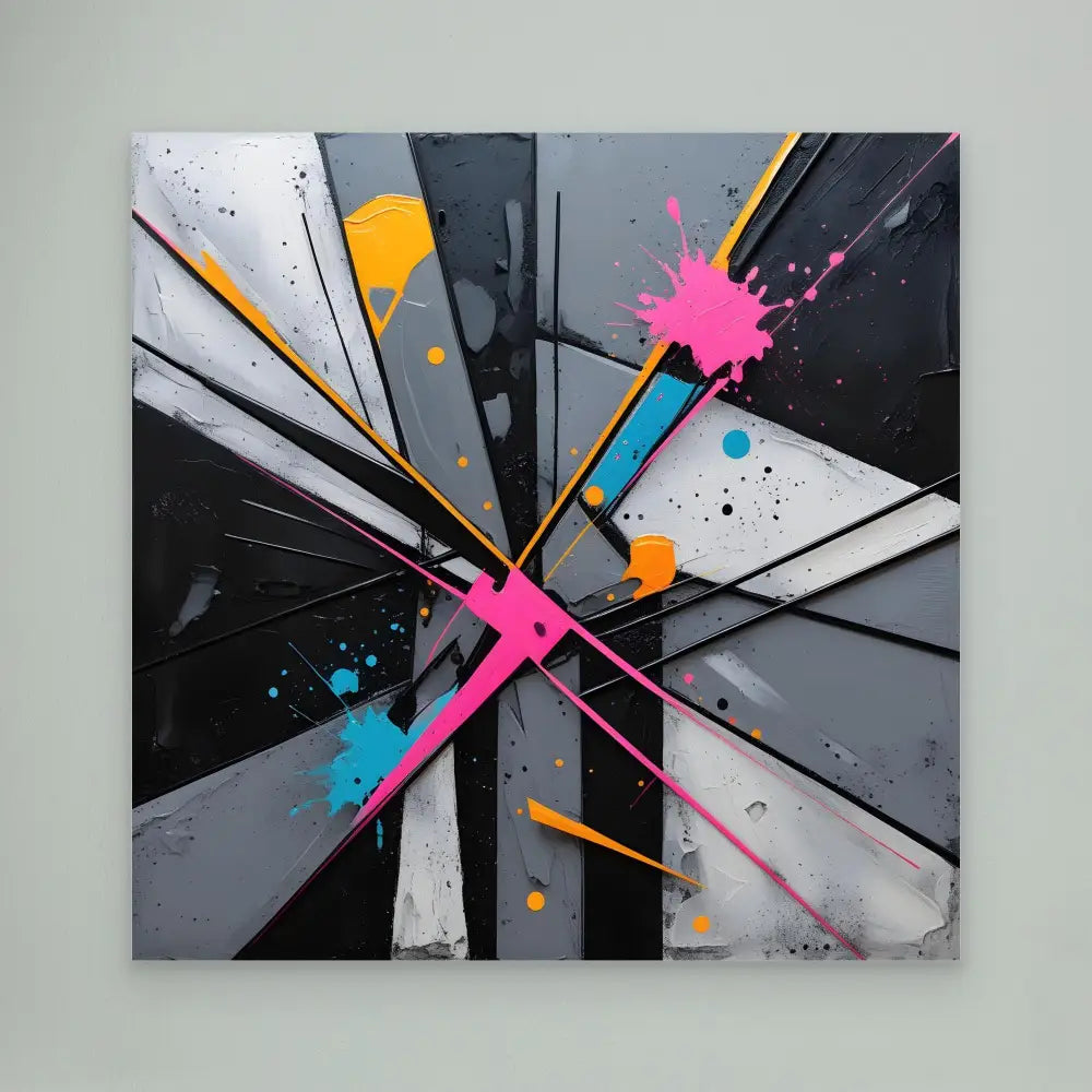 Abstract painting featuring geometric shapes with pink, blue, orange and white paint splatter on a black background.