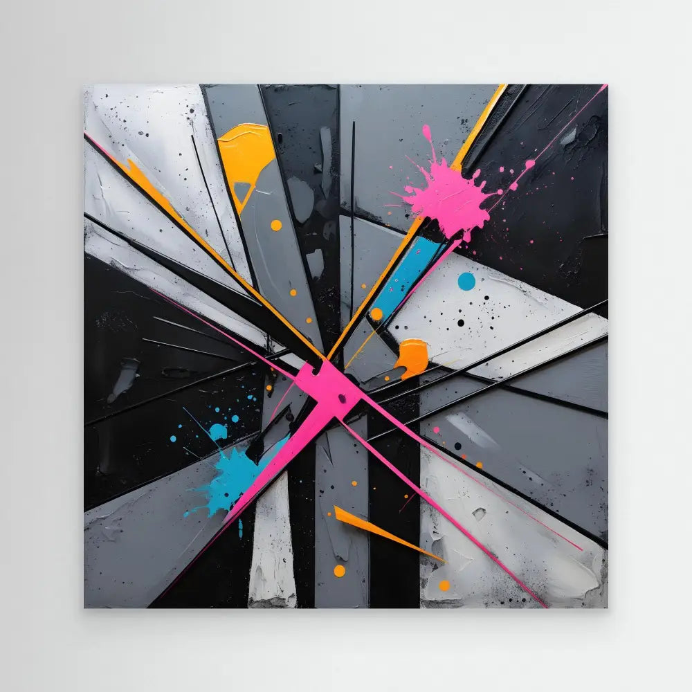 Abstract painting featuring geometric shapes with pink, blue, and orange paint splatter accents on a black and gray background.