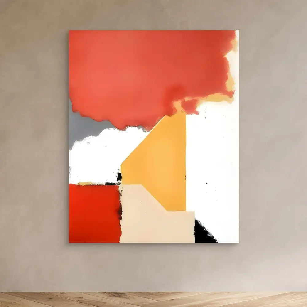 Abstract painting featuring geometric shapes in red, orange, beige, and white.