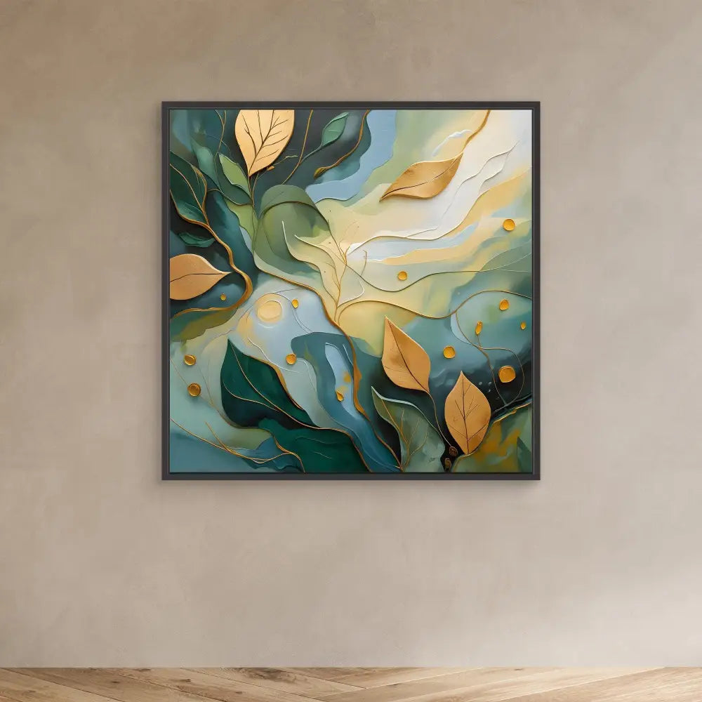 Abstract painting featuring flowing golden leaves and deep green foliage against a turquoise backdrop.