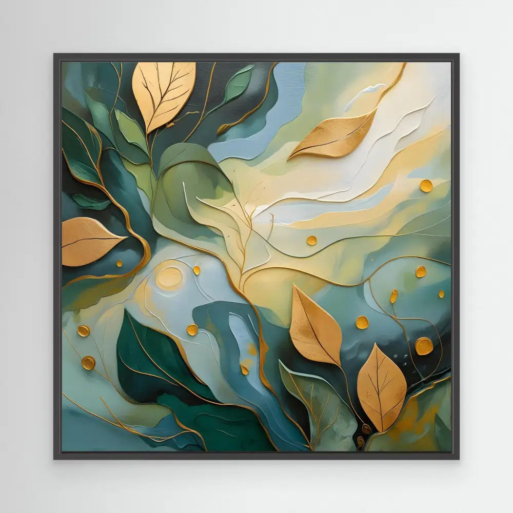 Abstract painting featuring golden leaves and flowing green shapes with swirling patterns.