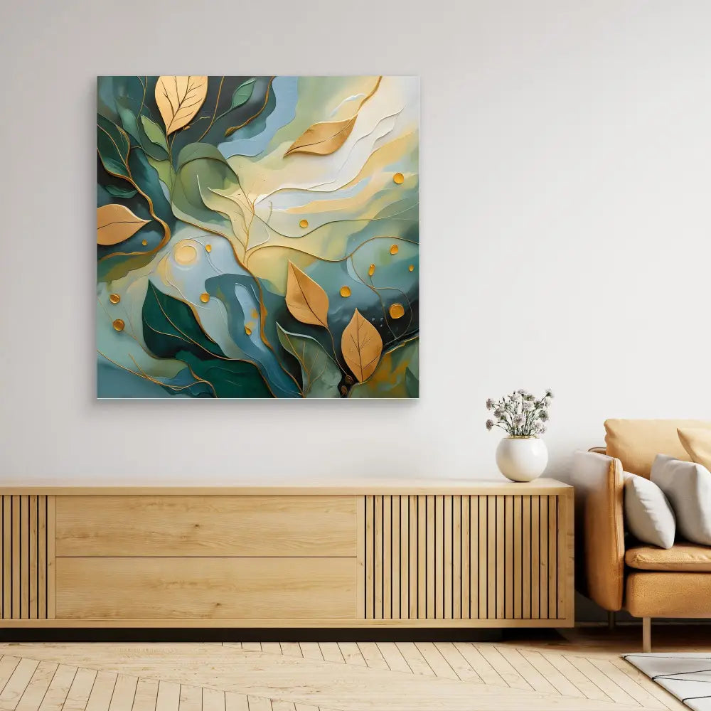 Abstract painting featuring swirling golden leaves and teal colors in a flowing, organic composition.