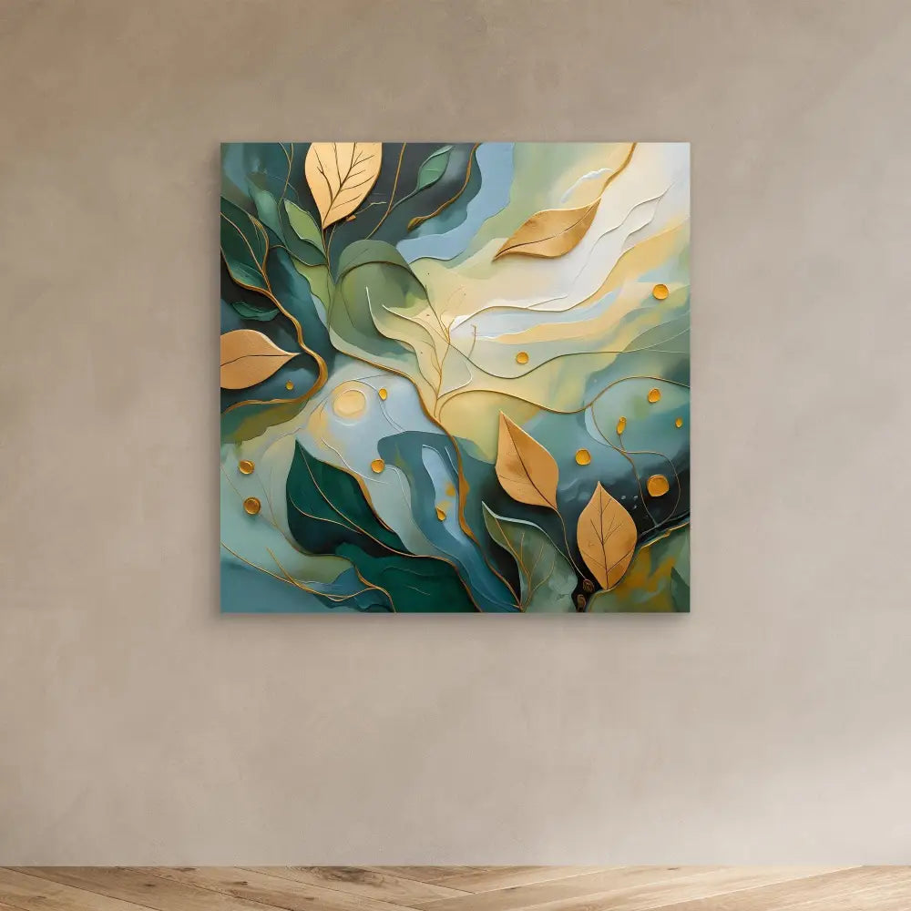 Abstract painting featuring flowing green and gold leaves with turquoise swirls.