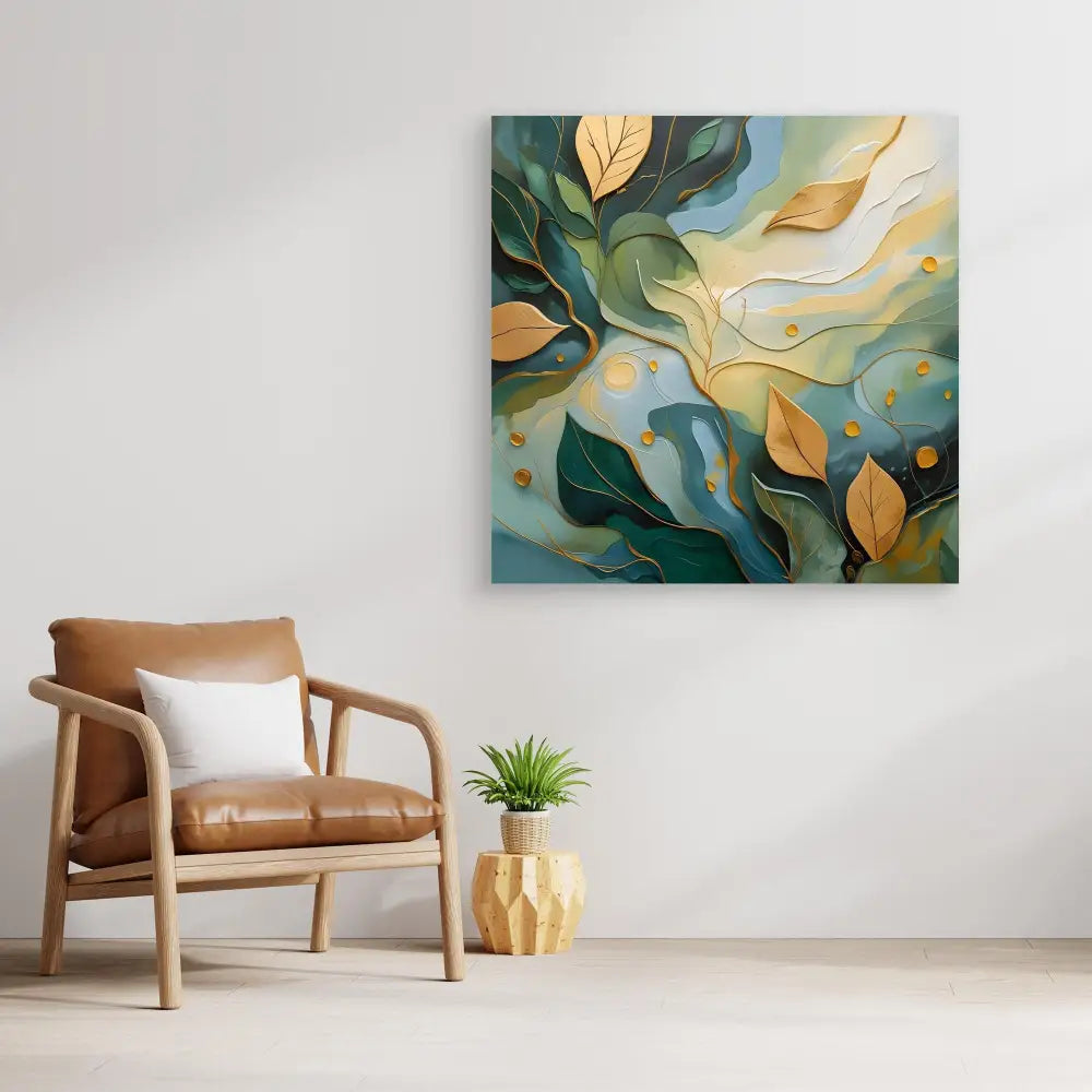 Abstract painting featuring swirling green and gold leaves against a turquoise background.