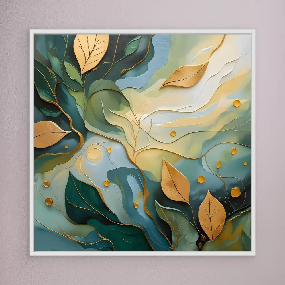 Abstract painting featuring flowing green leaves and golden foliage against swirling turquoise patterns.