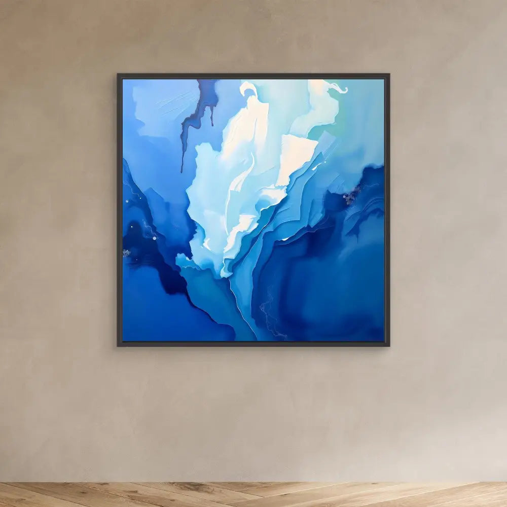 Abstract painting featuring flowing layers of blue and white tones in a fluid, wave-like pattern.