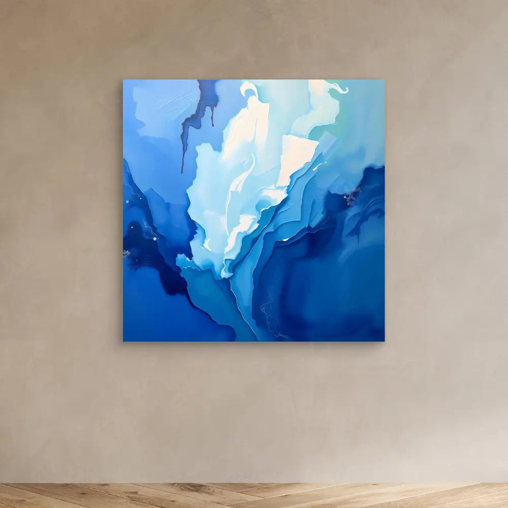 Abstract painting featuring flowing layers of blue and white watercolor-like patterns.