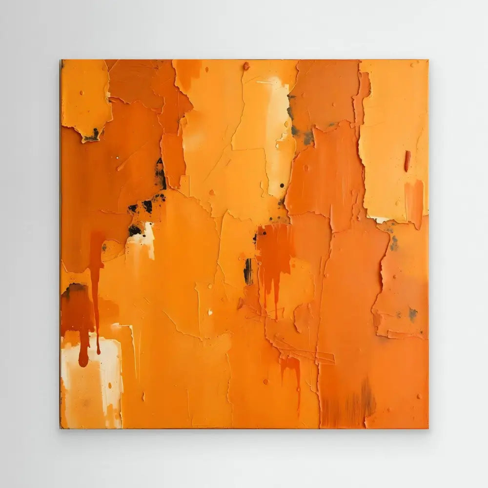 Abstract painting featuring peeling layers of orange and amber tones.