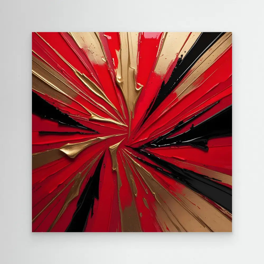 Abstract painting featuring radiating lines in red, black, and gold colors bursting from a central point.