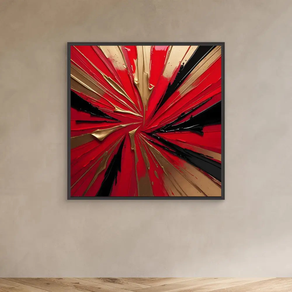 Abstract painting featuring radiating lines in red, black, and gold tones.